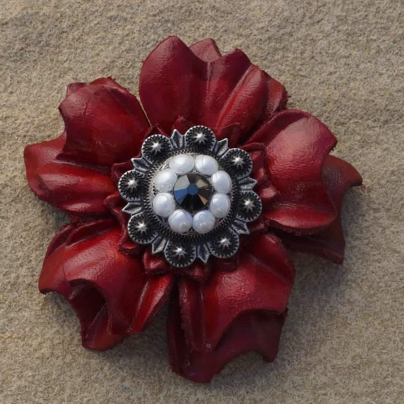 Red Carnation Flower With Antique Silver Jet &amp; Pearl 1" Concho