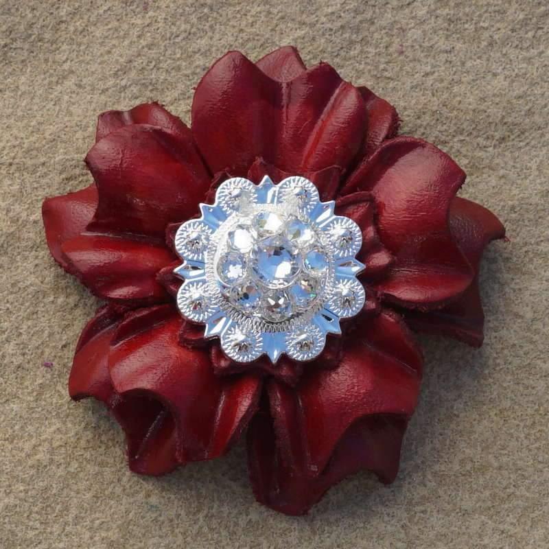 Red Carnation Flower With Bright Silver Clear 1" Concho