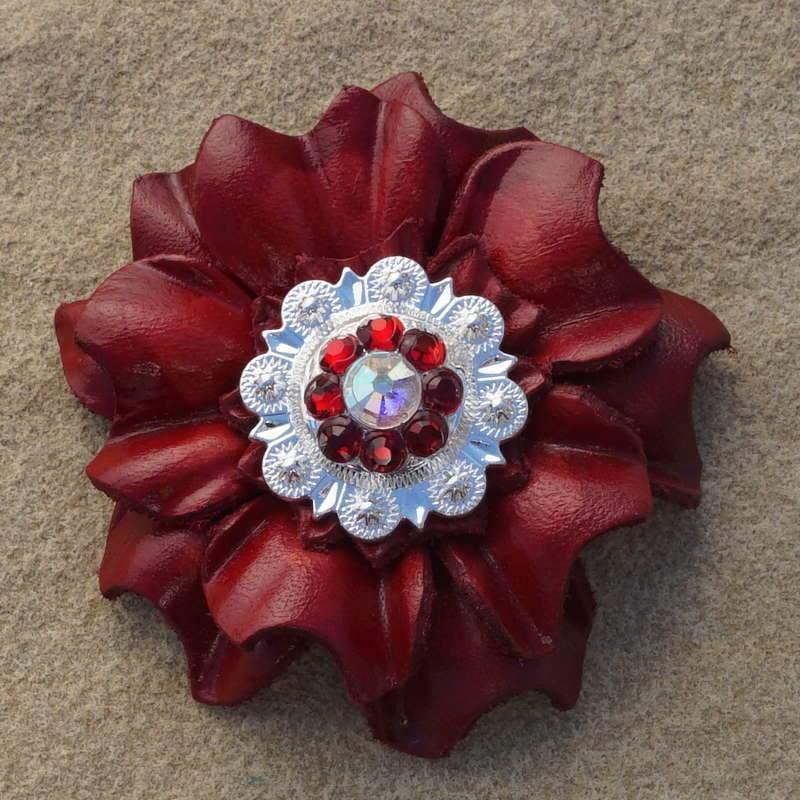 Red Carnation Flower With Bright Silver Ruby &amp; AB 1" Concho