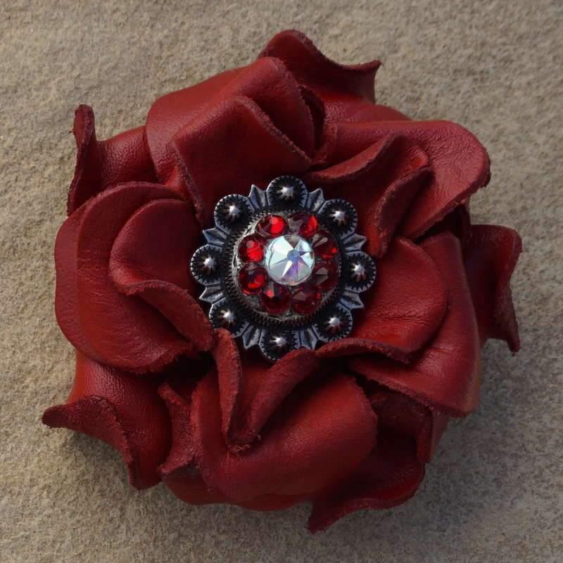 Red Rose Flower With Antique Silver Red &amp; AB 1" Concho