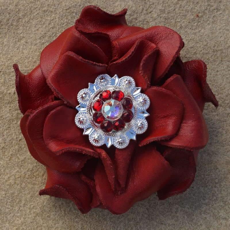 Red Rose Flower With Bright Silver Red &amp; AB 1" Concho