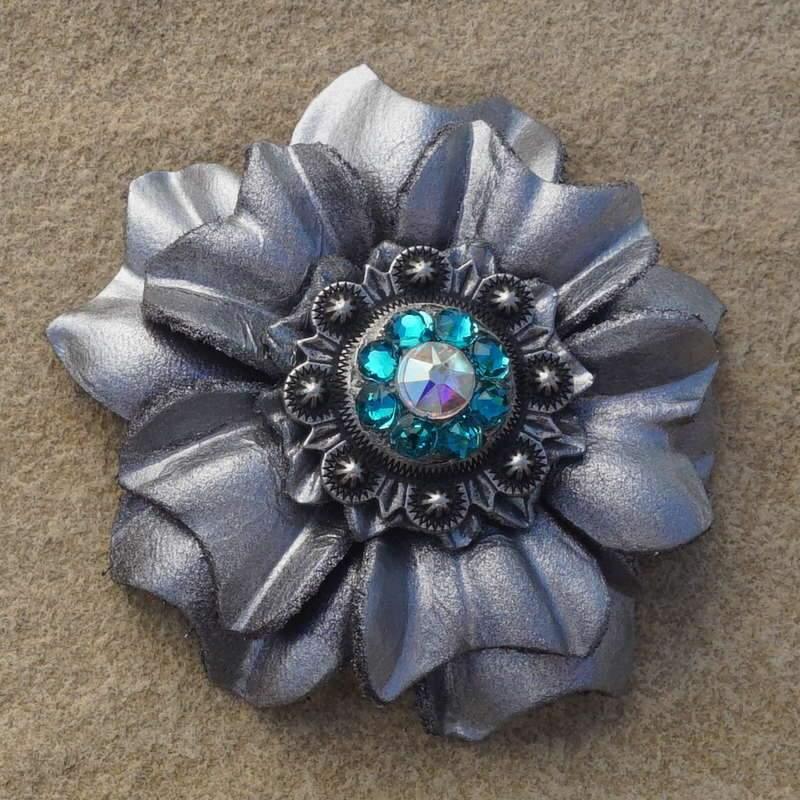 Silver Carnation Flower With Antique Silver Teal &amp; AB 1" Concho
