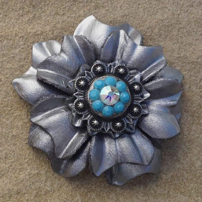 Silver Carnation Flower With Antique Silver Turquoise &amp; AB 1" Concho