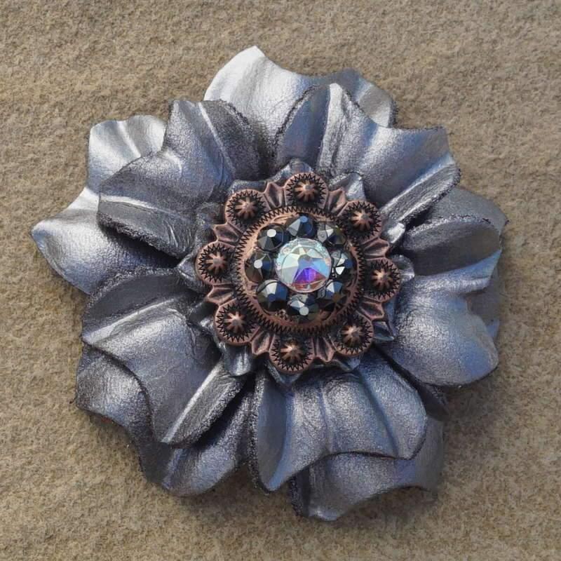 Silver Carnation Flower With Copper Jet &amp; AB 1" Concho