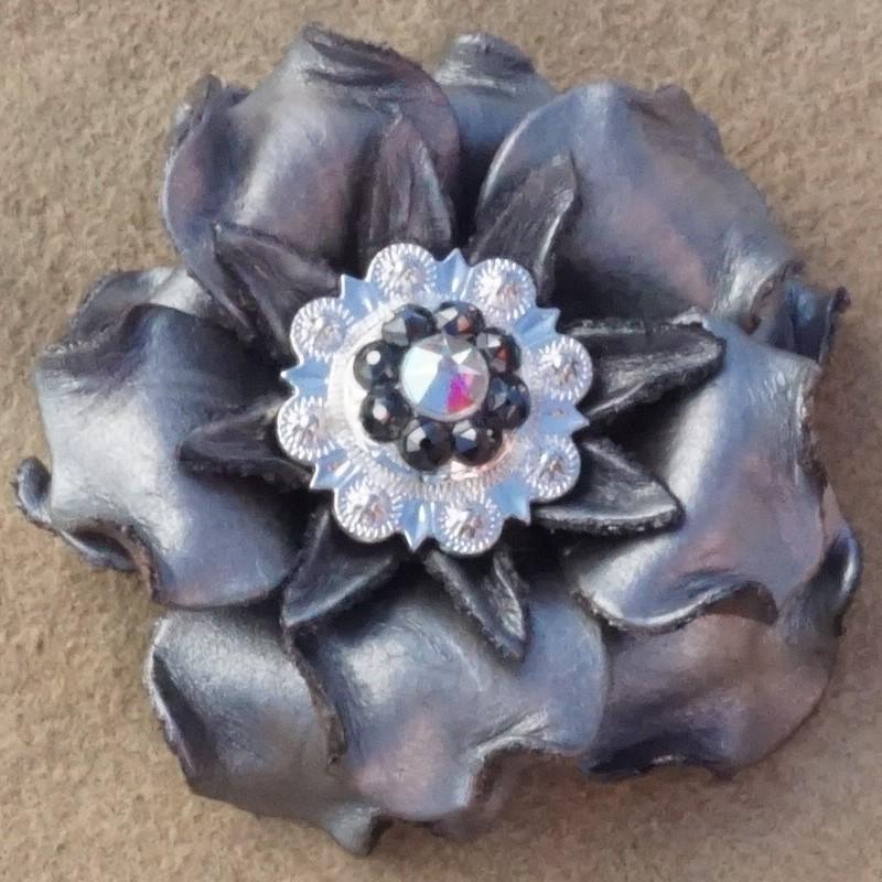 Silver Gardenia Flower With Bright Silver Jet &amp; AB 1" Concho