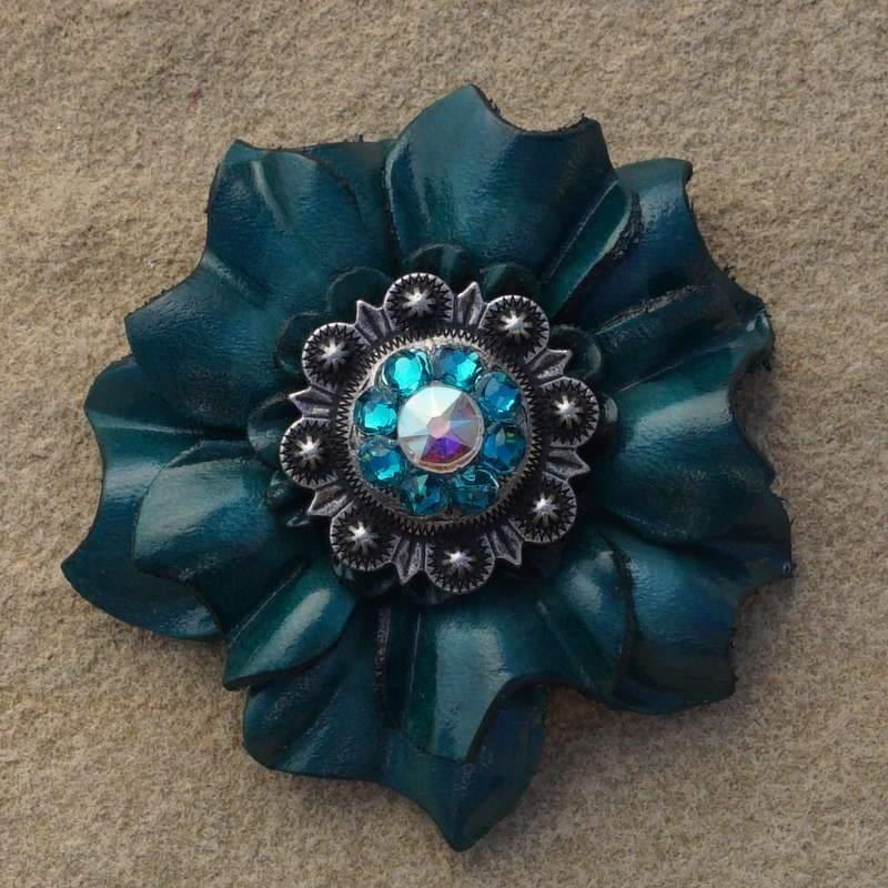 Teal Carnation Flower With Antique Silver Teal &amp; AB 1" Concho