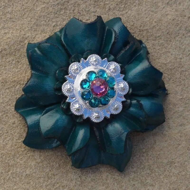 Teal Carnation Flower With Bright Silver Pink &amp; Teal 1" Concho