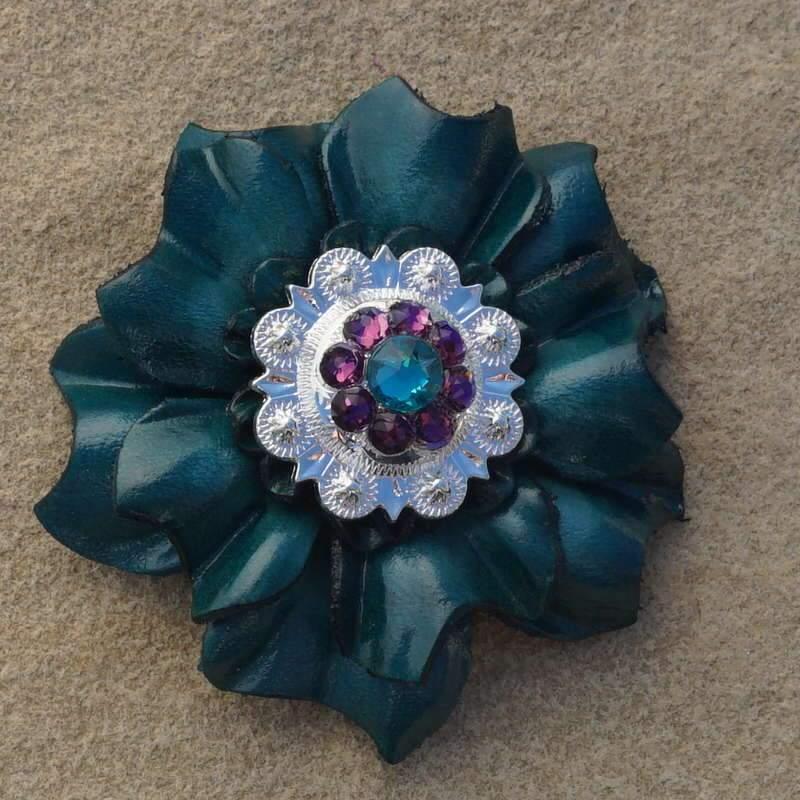 Teal Carnation Flower With Bright Silver Teal &amp; Purple 1" Concho