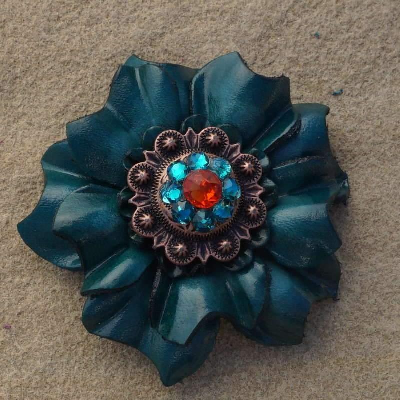 Teal Carnation Flower With Copper Fire Opal &amp; Teal 1" Concho