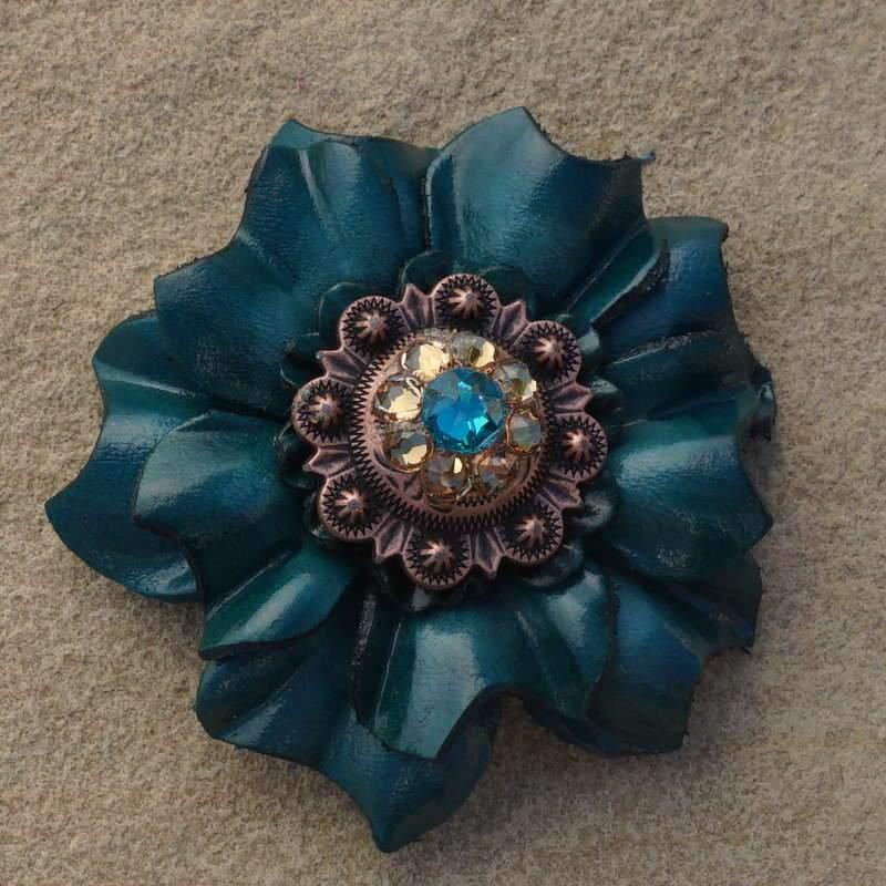 Teal Carnation Flower With Copper Teal &amp; Champagne 1" Concho