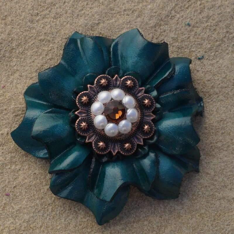 Teal Carnation Flower With Copper Topaz &amp; Pearl  1" Concho