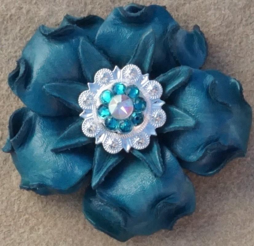Turquoise Gardenia Flower With Bright Silver Teal &amp; AB 1" Concho