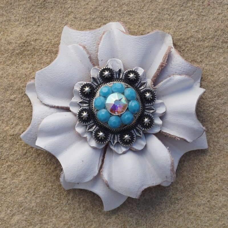 White Carnation Flower With Antique Silver Turquoise &amp; AB 1" Concho