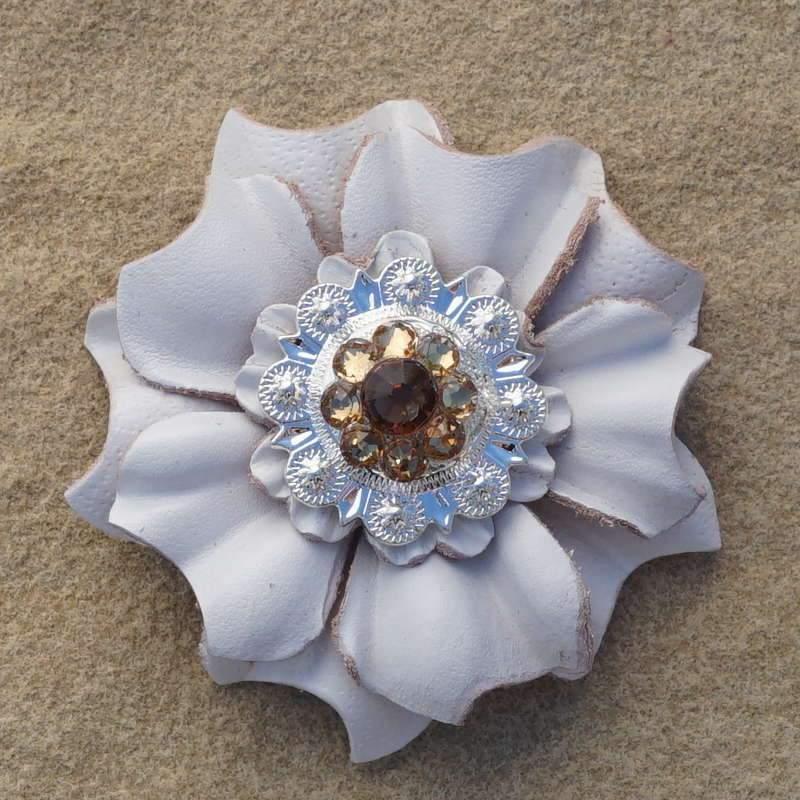 White Carnation Flower With Bright Silver Topaz &amp; Champagne 1" Concho