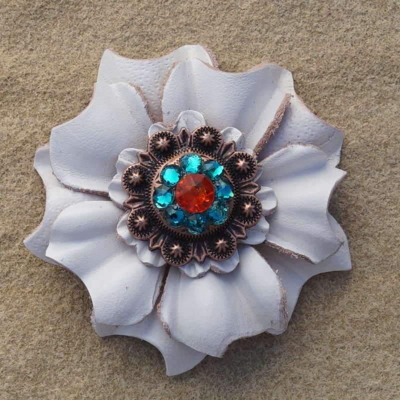 White Carnation Flower With Copper Fire Opal &amp; Teal 1" Concho