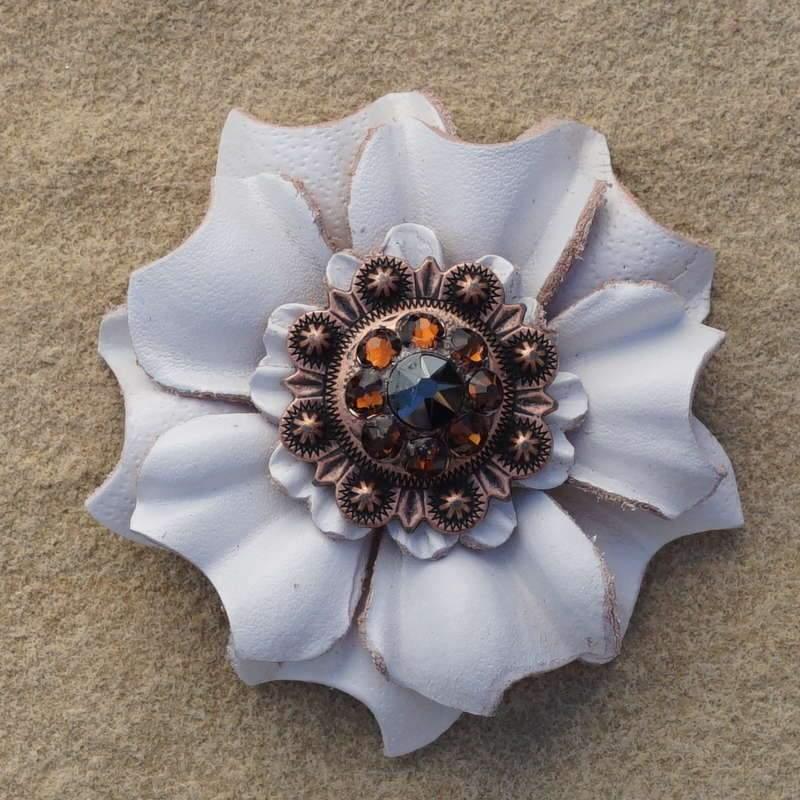 White Carnation Flower With Copper Jet &amp; Topaz  1" Concho