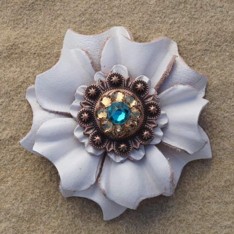 White Carnation Flower With Copper Teal &amp; Champagne 1" Concho