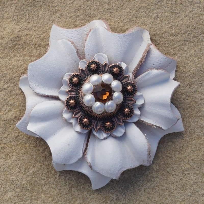 White Carnation Flower With Copper Topaz &amp; Pearl 1" Concho