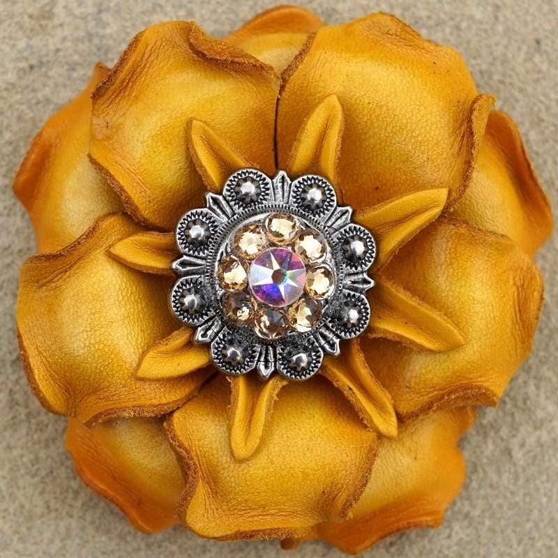 Yellow Gardenia Flower With Antique Silver Champagne &amp; AB 1" Concho