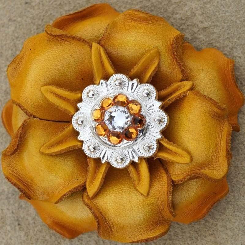 Yellow Gardenia Flower With Bright Silver Golden &amp; Clear 1" Concho