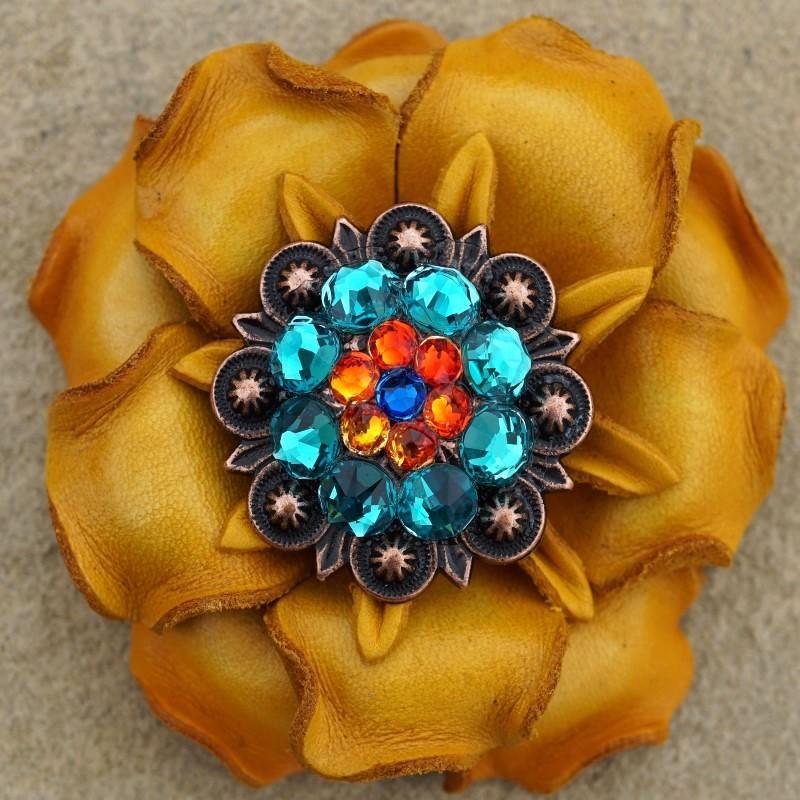 Yellow Gardenia Flower With Copper Capri, Fire Opal &amp; Teal 1.25" Concho