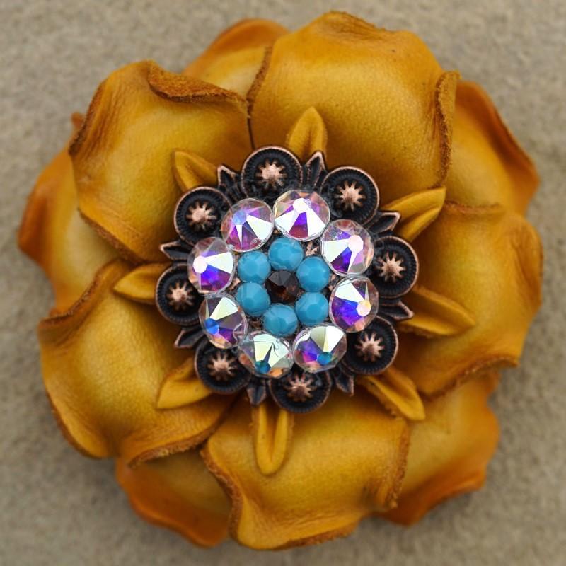 Yellow Gardenia Flower With Copper Topaz, Turquoise &amp; AB 1.25" Concho