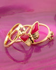 Pink Fuchsia Agate Golden Butterflies Triple Ring Set