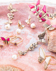 Pink Fuchsia Agate Golden Butterflies Triple Ring Set