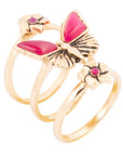 Pink Fuchsia Agate Golden Butterflies Triple Ring Set