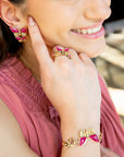 Pink Fuchsia Agate Golden Butterflies Triple Ring Set