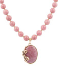 Gifted Pink Rhodonite Gold Bow Beaded Pendant Necklace