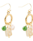 Green Jade and Pink Sunstone Golden Drop Earrings