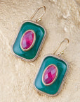 Green Onyx Stacked Red Stone Golden Drop Earrings