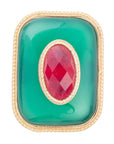 Green Onyx Stacked Red Stone Golden Statement Ring