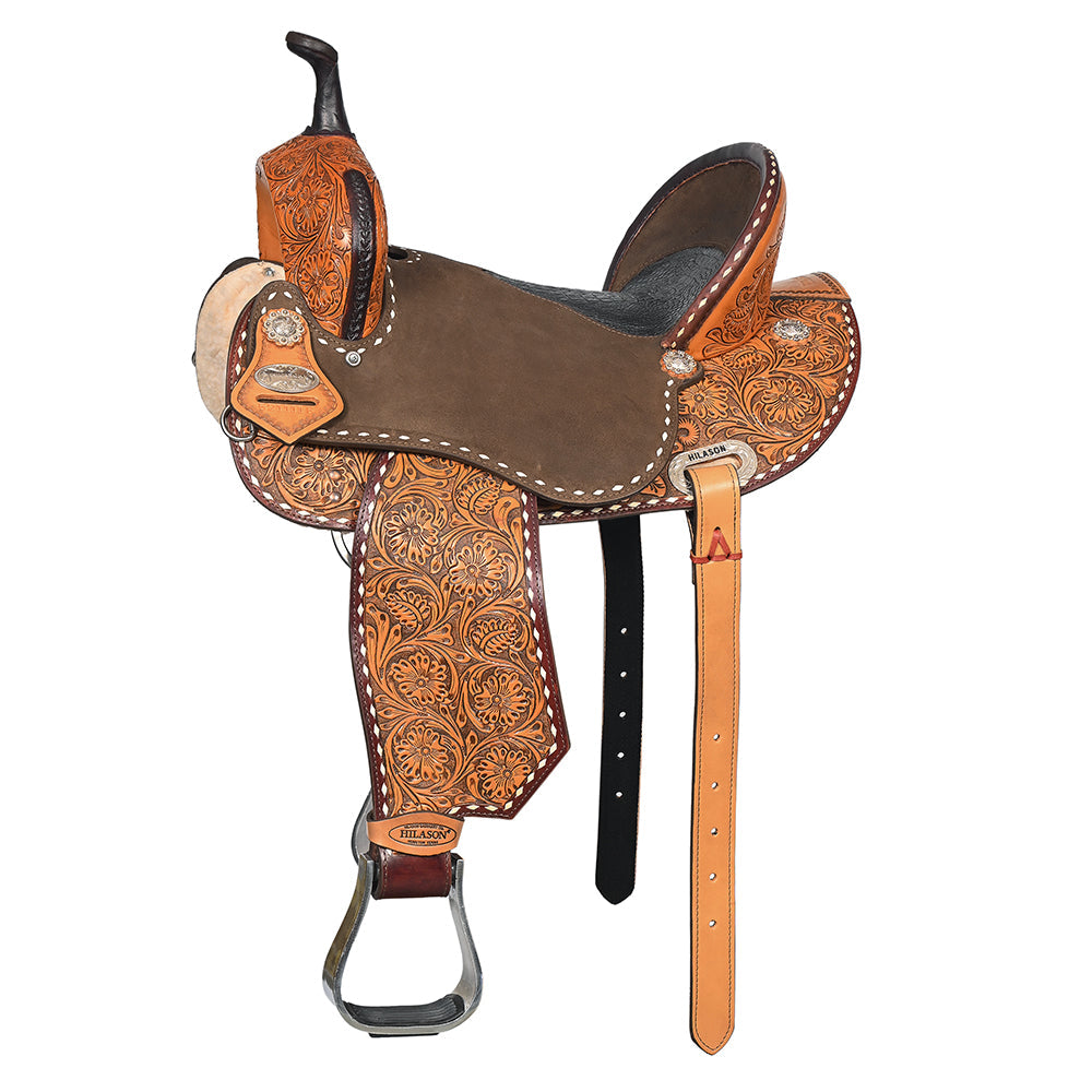 Hilason Western Horse Barrel Flex Tree Trail American Leather Saddle Brown / Tan Gorgeous Floral Hand Tooled &amp; Carved