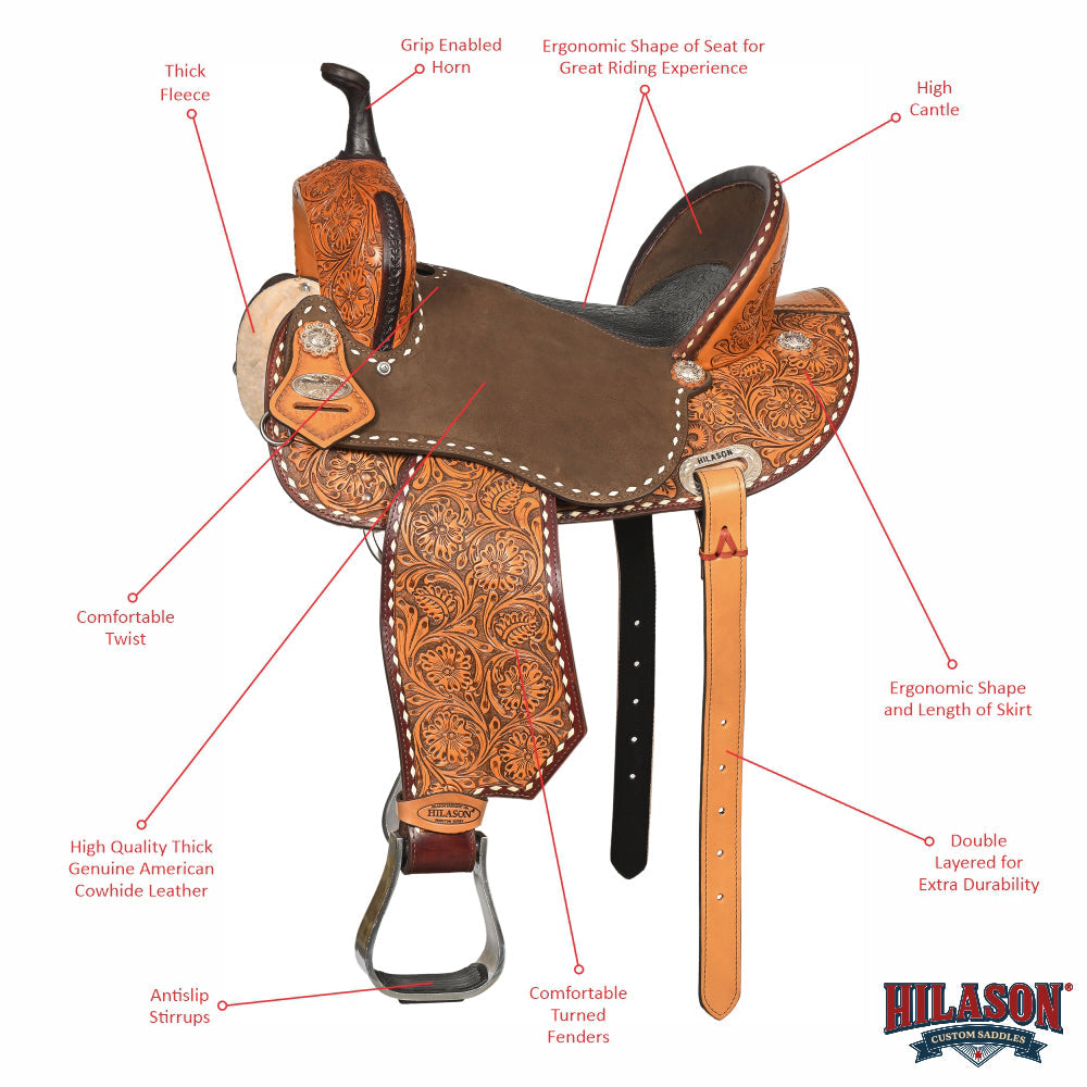 Hilason Western Horse Barrel Flex Tree Trail American Leather Saddle Brown / Tan Gorgeous Floral Hand Tooled &amp; Carved
