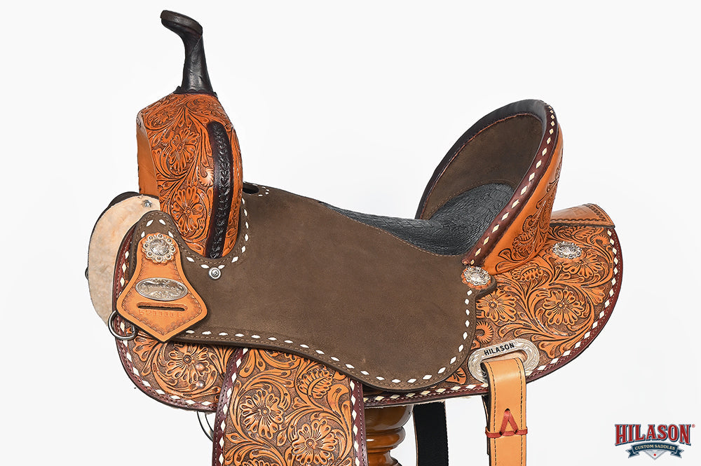Hilason Western Horse Barrel Flex Tree Trail American Leather Saddle Brown / Tan Gorgeous Floral Hand Tooled &amp; Carved