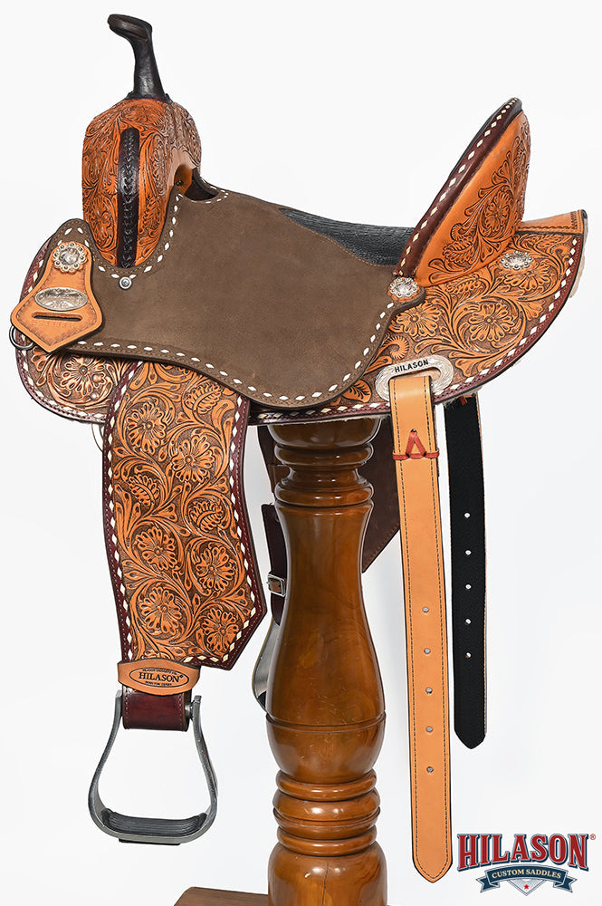 Hilason Western Horse Barrel Flex Tree Trail American Leather Saddle Brown / Tan Gorgeous Floral Hand Tooled &amp; Carved