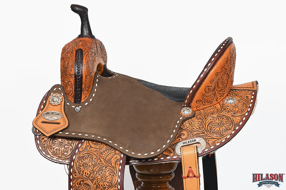 Hilason Western Horse Barrel Flex Tree Trail American Leather Saddle Brown / Tan Gorgeous Floral Hand Tooled &amp; Carved