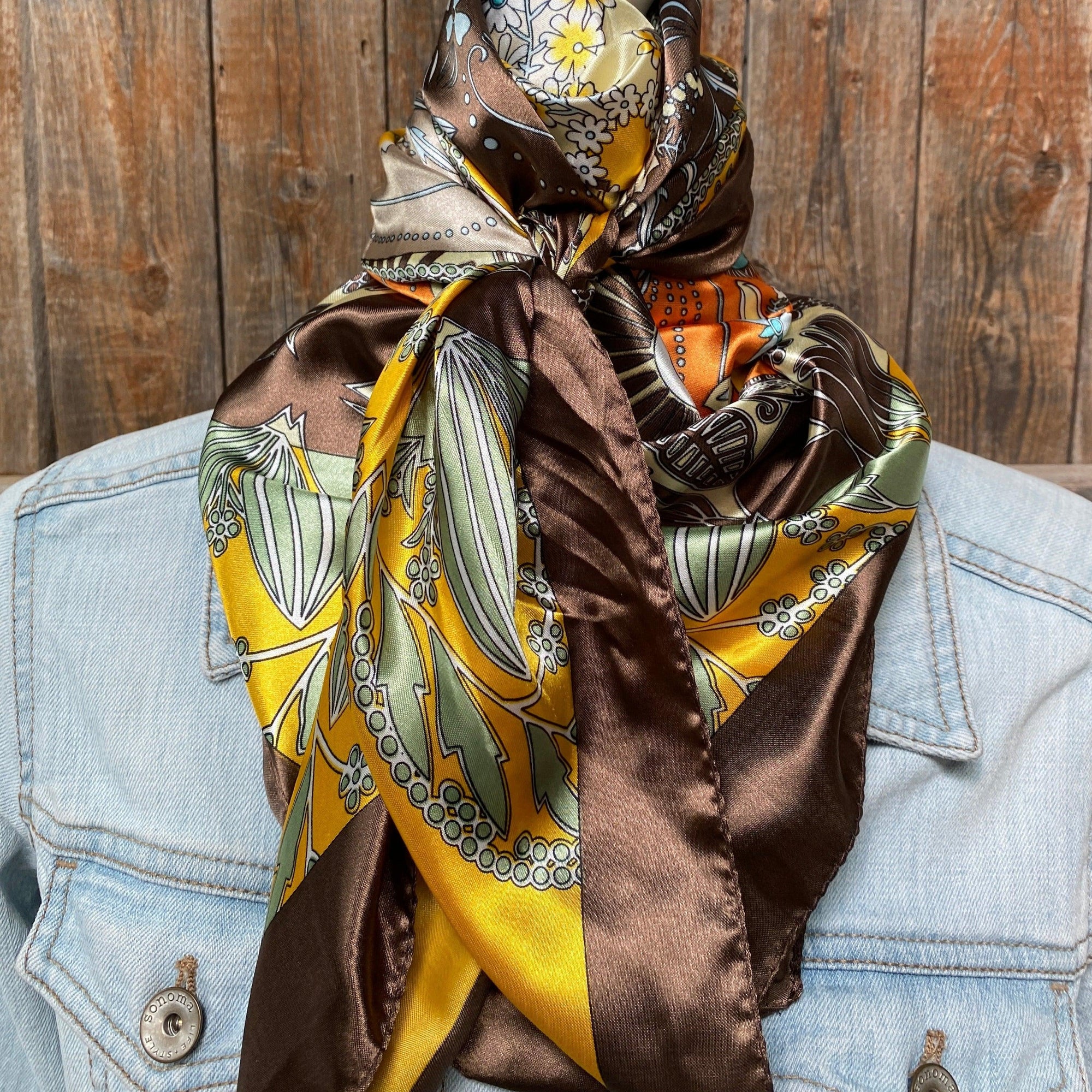 35X35"  Yellow &amp; Brown Floral Wild Rag / Scarf WR3122