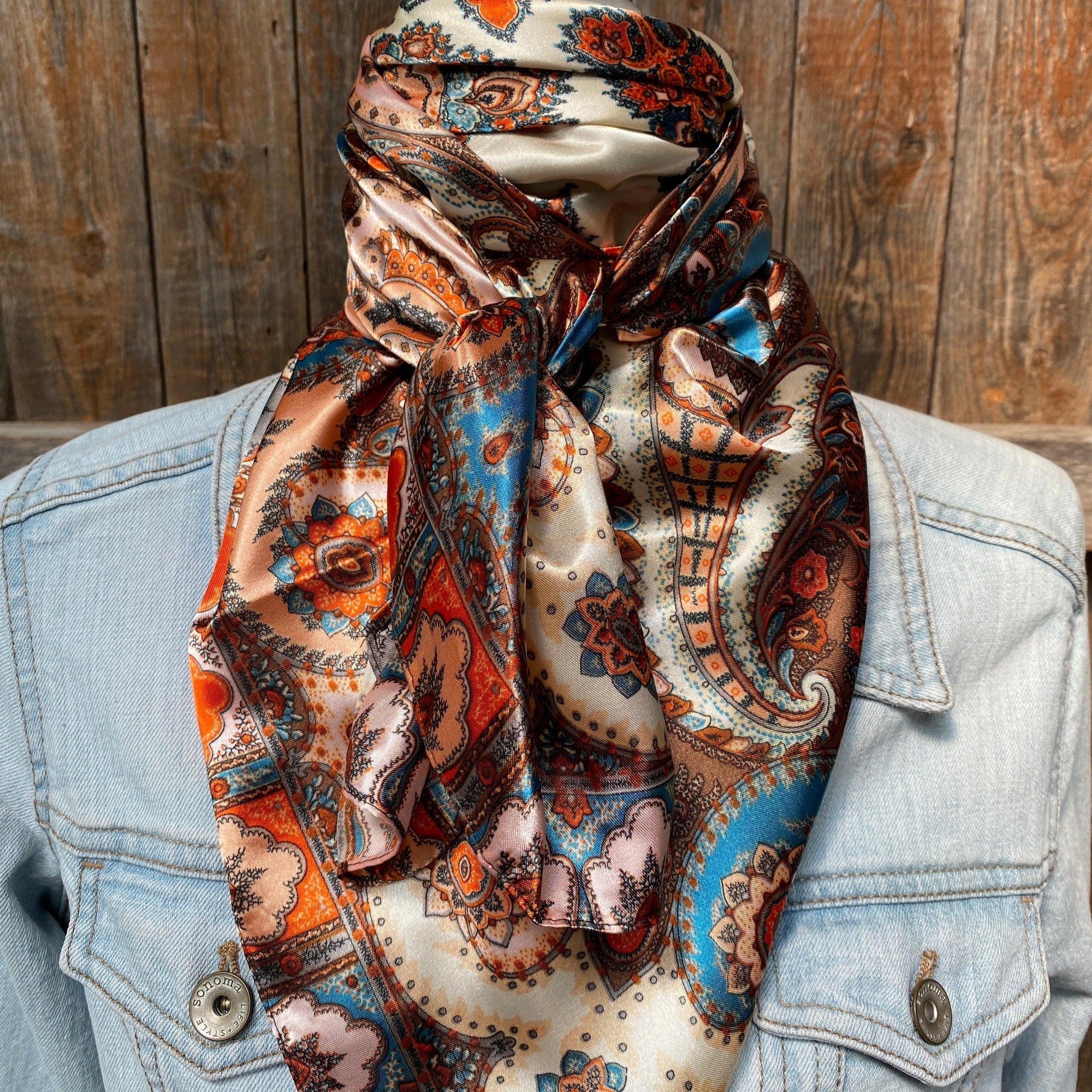 35X35"  Tan &amp; Cream Paisley Wild Rag / Scarf WR907