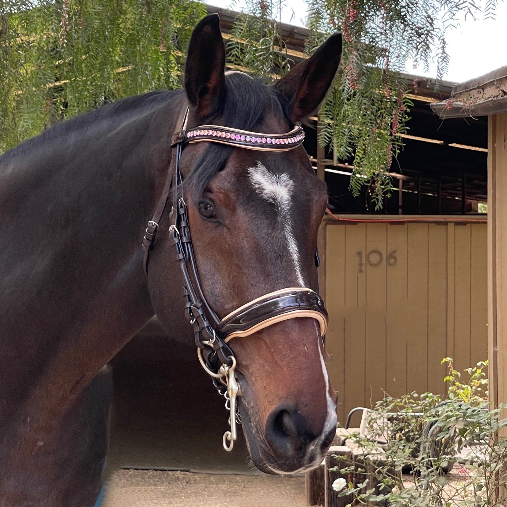Florence - Brown Patent Leather Double Bridle with Cream Padding &amp; Rose Gold Piping