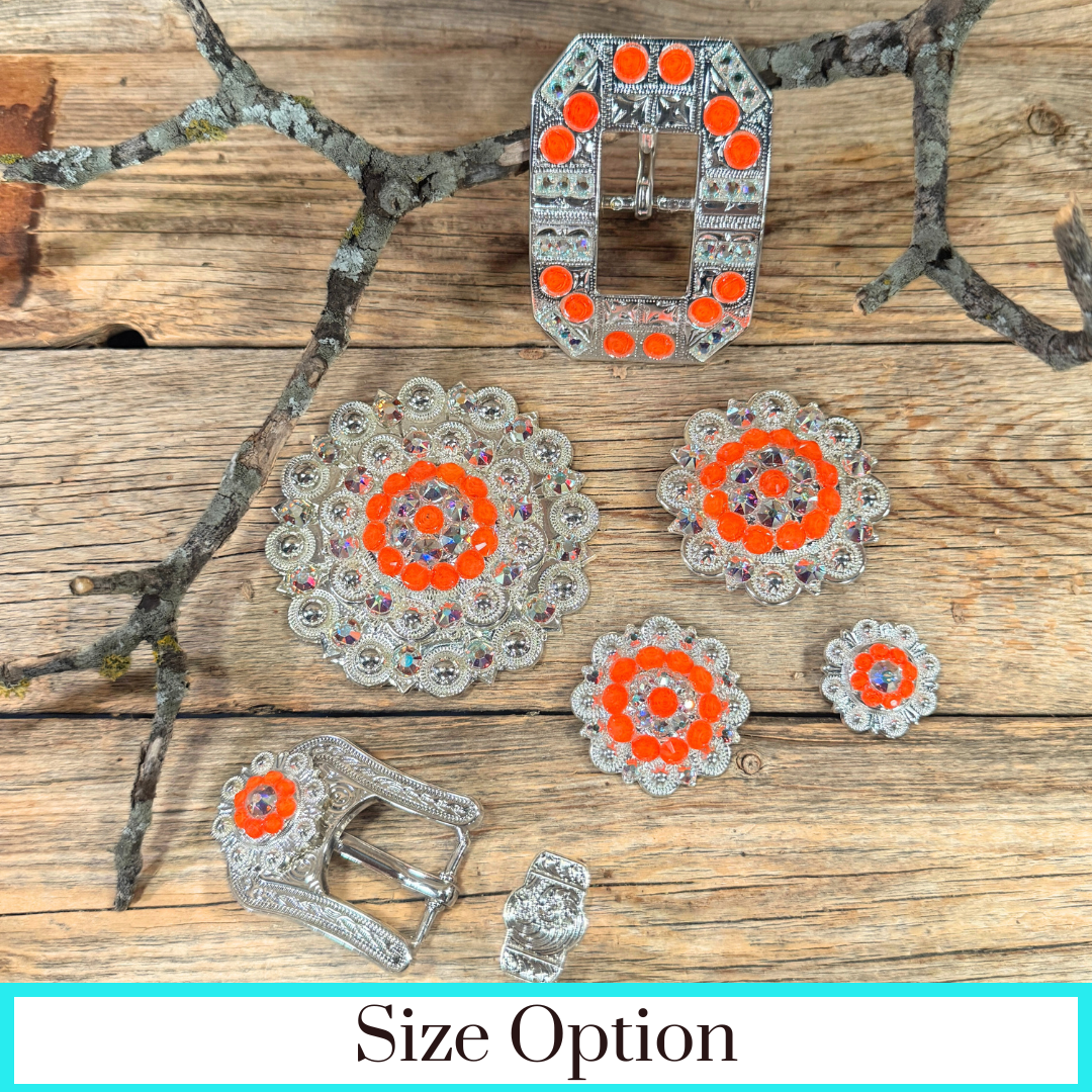 Bright Silver Neon Orange - AB Crystal Conchos - Sizes from 1"- 3" and Buckles
