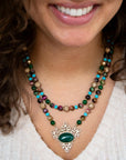 Jeweled Tyger's Eye and Green Onyx Golden Pendant Necklaces
