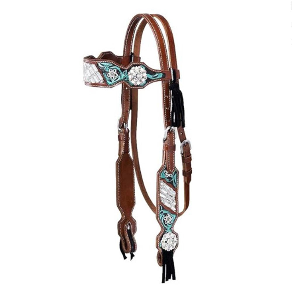 Hilason Western Floral Tooled Leather Headstall with Conchos &amp; Fringe