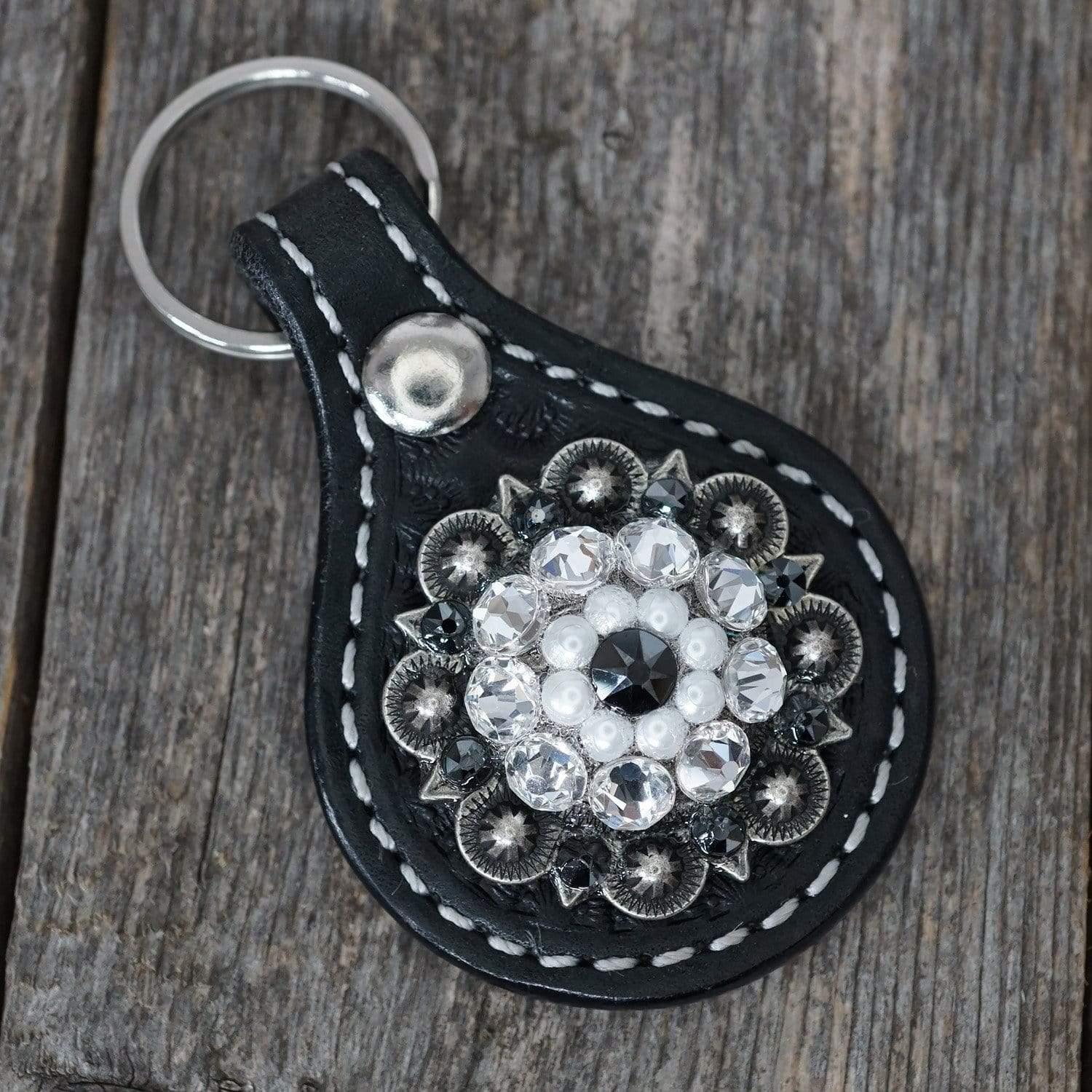 Black Key Chain with Jet and Pearl European Crystal Concho