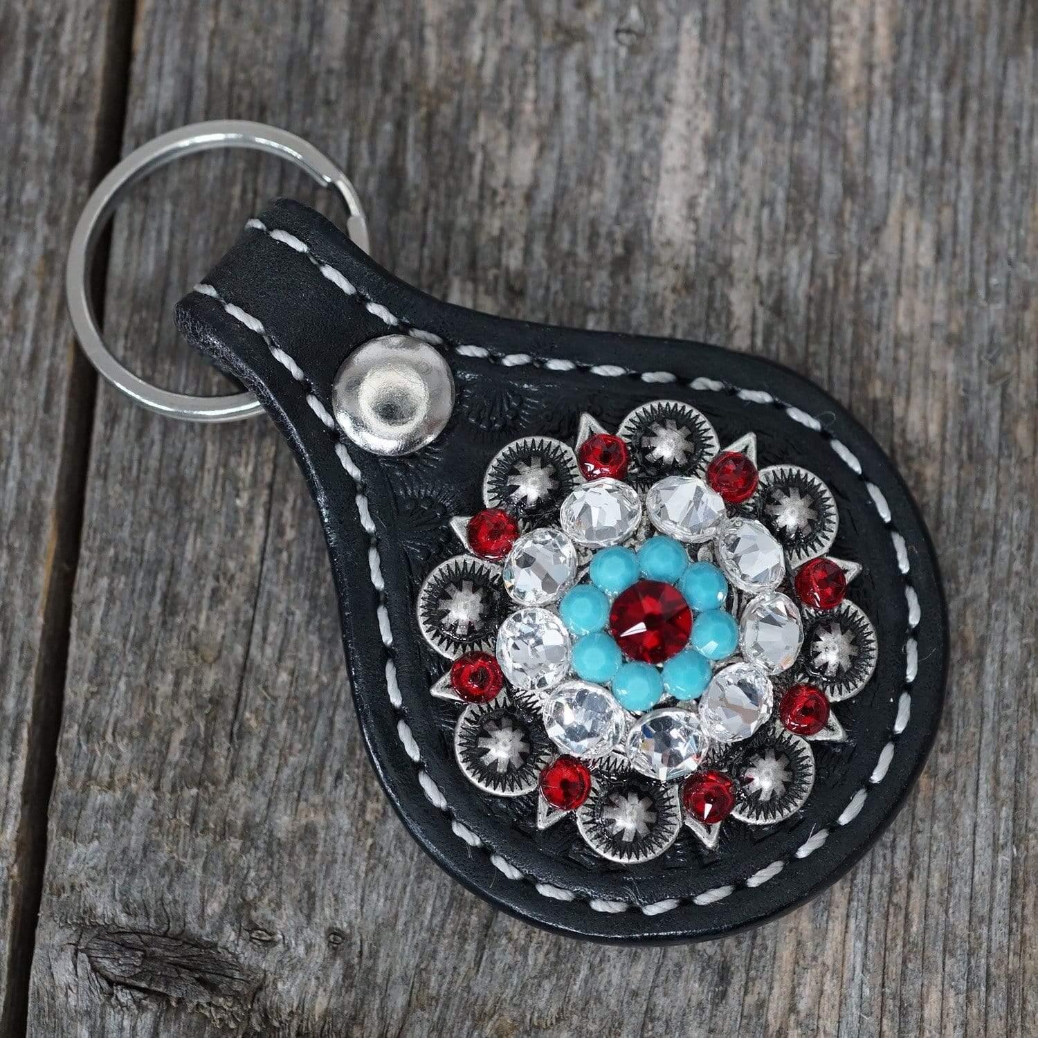 Black Key Chain with Red and Turquoise European Crystal Concho
