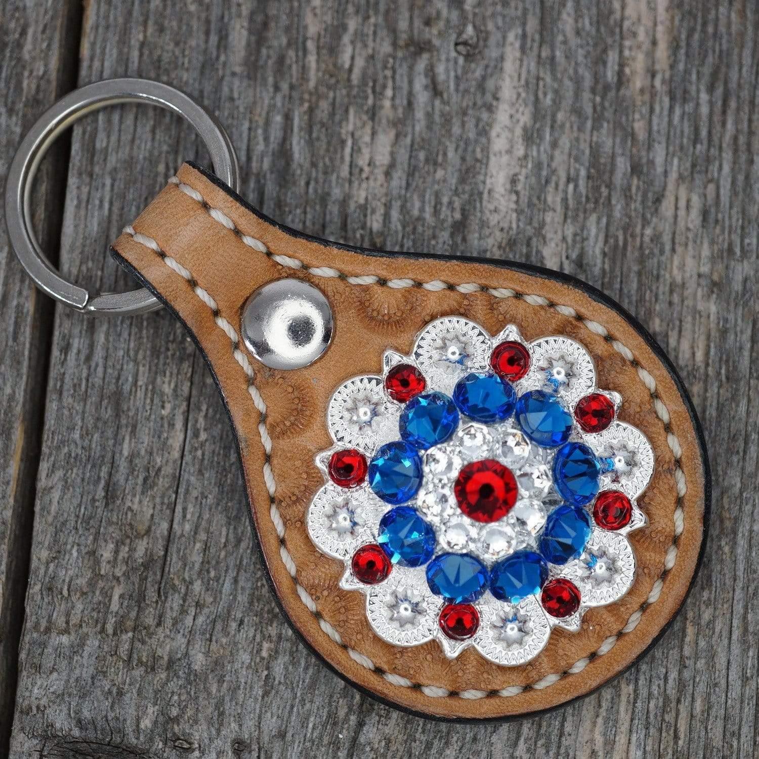 Light Oil Key Chain with Red, White, and Blue European Crystal Concho