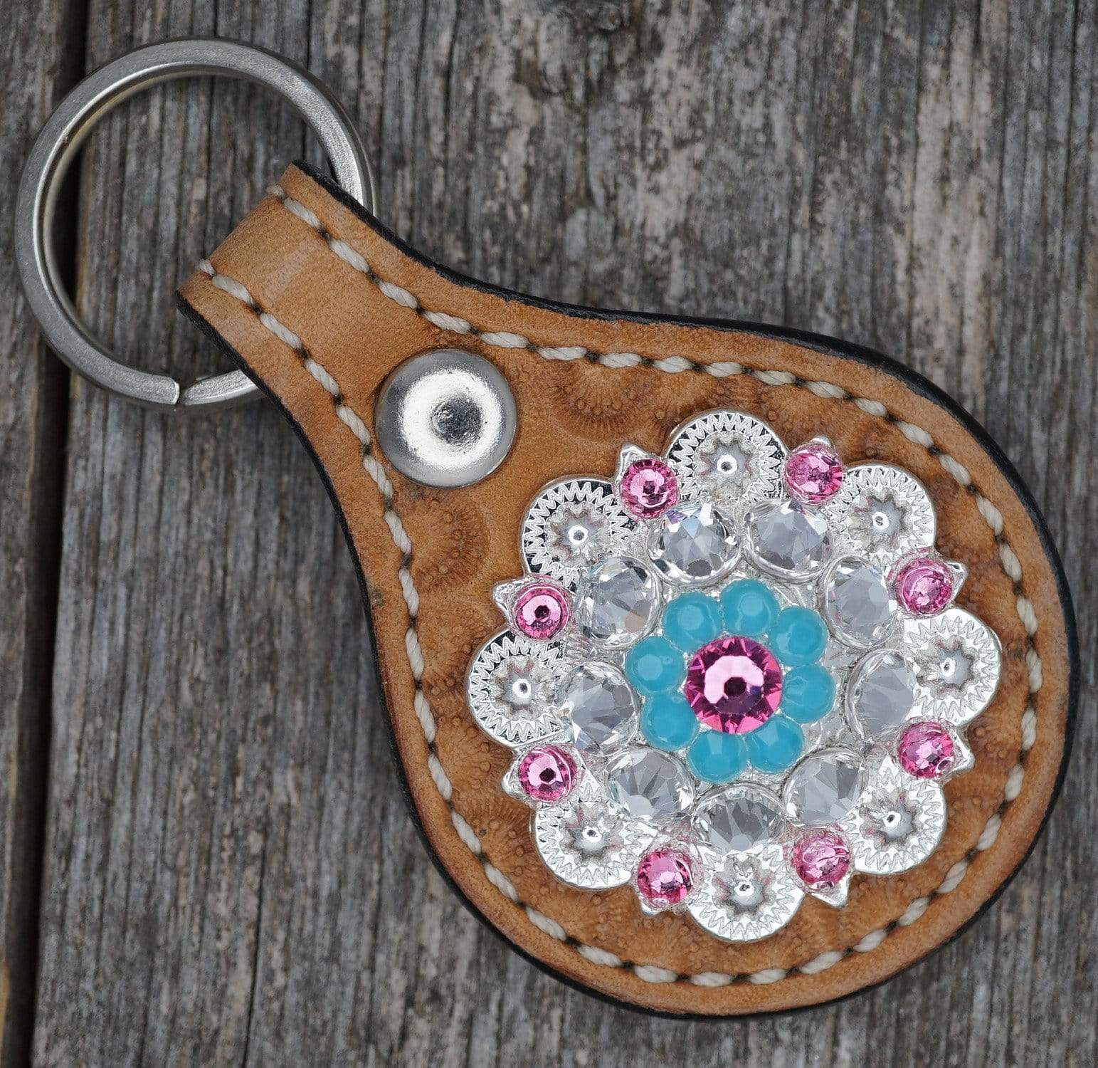 Light Oil Key Chain with Turquoise and Pink European Crystal Concho