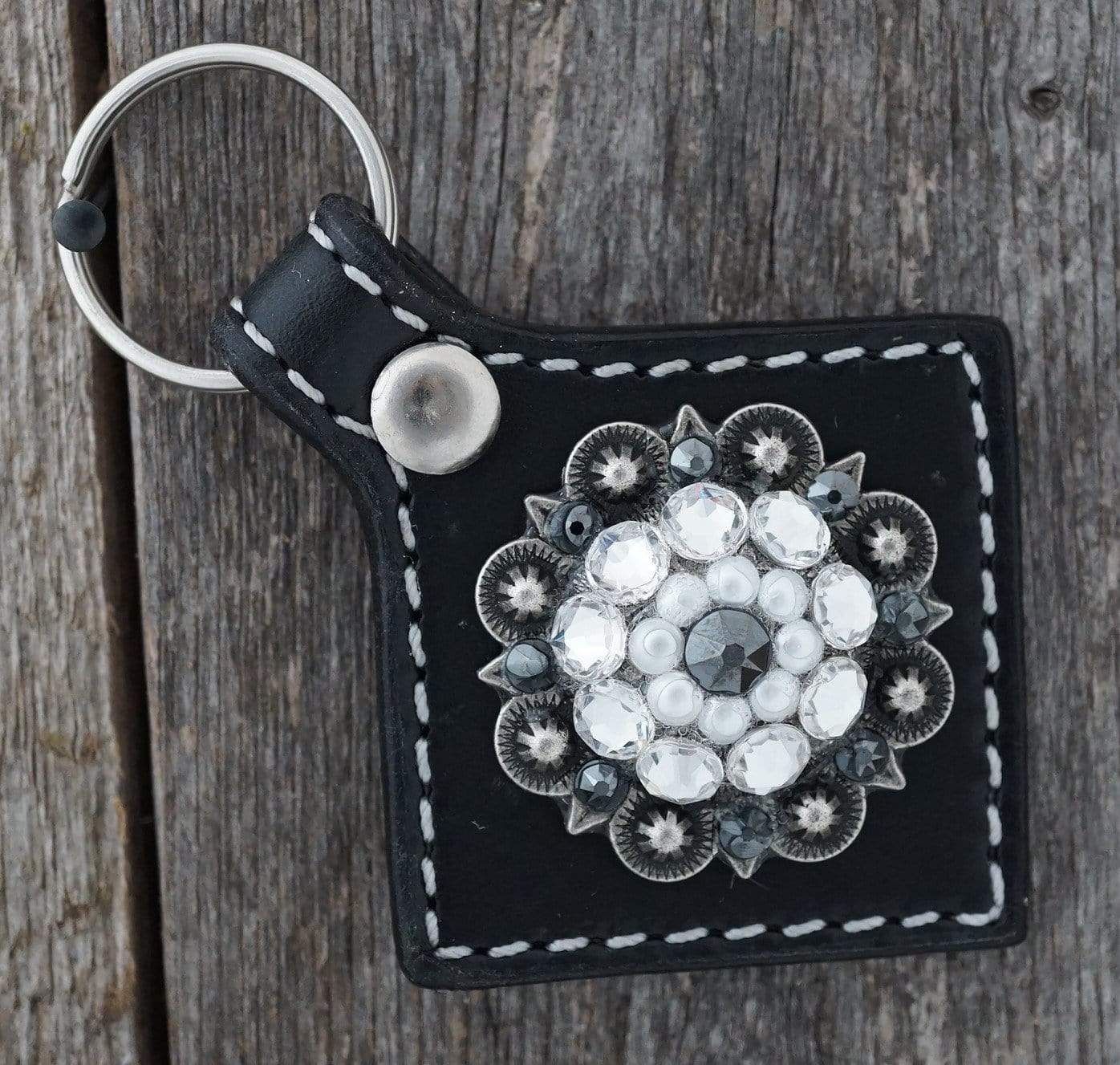 Black Key Chain with Jet and Pearl European Crystal Concho